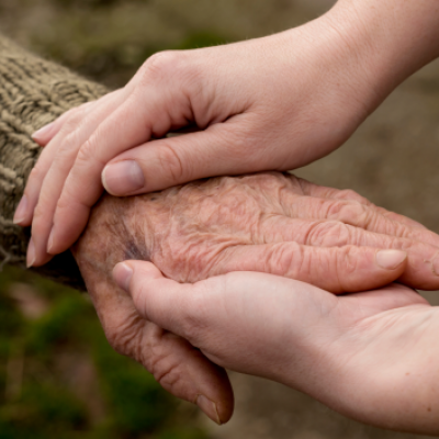 Elderly hand holding a youthful hand with greenery background